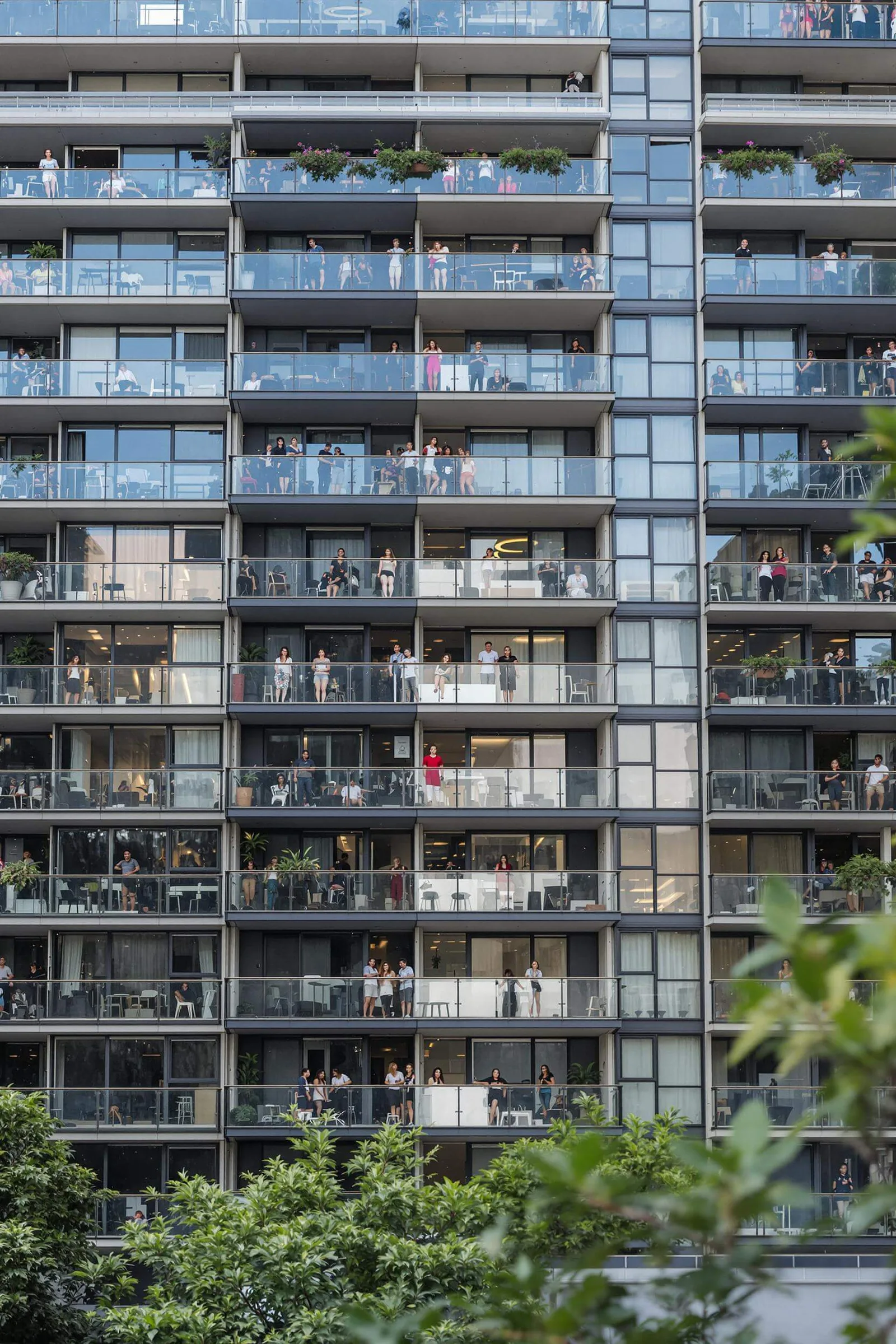 Residents on balconies of a modern apartment building